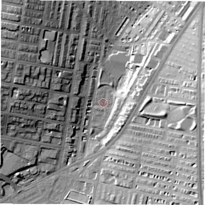 Shaded relief map of the ground around LS85EY, computed from Environment Agency LiDAR. The ground here sits at about 41 m above sea level and falls 30 m across the surrounding 800 m. Surface water reaching this point runs off ground lying to the north-west, 25.7 m higher.