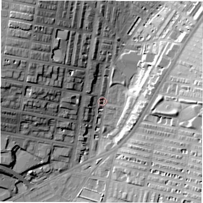 Shaded relief map of the ground around LS85EZ, computed from Environment Agency LiDAR. The ground here sits at about 42 m above sea level and falls 30 m across the surrounding 800 m. Surface water reaching this point runs off ground lying to the north-west, 25.7 m higher.