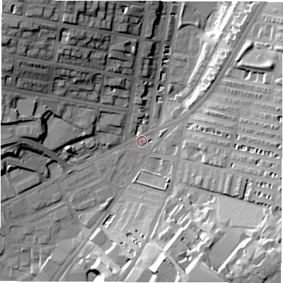 Shaded relief map of the ground around LS85NA, computed from Environment Agency LiDAR. The ground here sits at about 38 m above sea level and falls 30 m across the surrounding 800 m. Surface water reaching this point runs off ground lying to the north-north-west, 22.5 m higher.