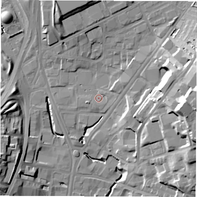 Shaded relief map of the ground around LS85QP, computed from Environment Agency LiDAR. The ground here sits at about 34 m above sea level and falls 31 m across the surrounding 800 m. Surface water reaching this point runs off ground lying to the west-south-west, 1.5 m higher.