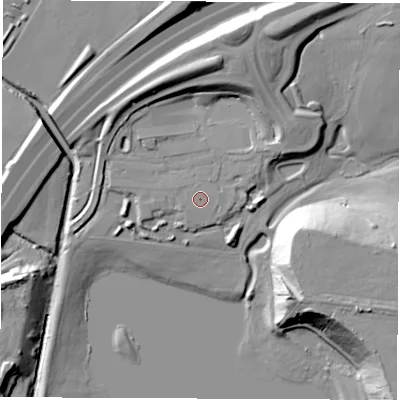 Shaded relief map of the ground around LS90AS, computed from Environment Agency LiDAR. The ground here sits at about 22 m above sea level and falls 25 m across the surrounding 800 m. The ground contributing surface water to this point lies to the east.