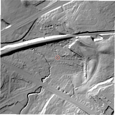 Shaded relief map of the ground around LS90EB, computed from Environment Agency LiDAR. The ground here sits at about 39 m above sea level and falls 38 m across the surrounding 800 m. Surface water reaching this point runs off ground lying to the east-north-east, 26.0 m higher.