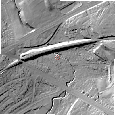 Shaded relief map of the ground around LS90EE, computed from Environment Agency LiDAR. The ground here sits at about 38 m above sea level and falls 32 m across the surrounding 800 m. Surface water reaching this point runs off ground lying to the west, 20.3 m higher.