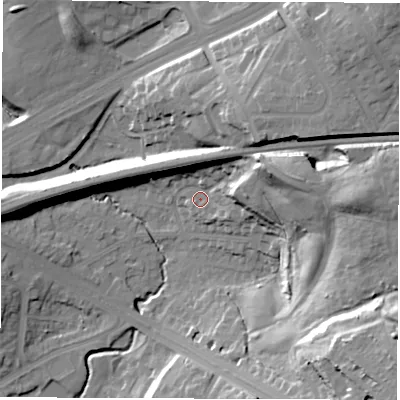 Shaded relief map of the ground around LS90EF, computed from Environment Agency LiDAR. The ground here sits at about 41 m above sea level and falls 39 m across the surrounding 800 m. Surface water reaching this point runs off ground lying to the east, 27.6 m higher.