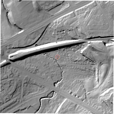 Shaded relief map of the ground around LS90EG, computed from Environment Agency LiDAR. The ground here sits at about 37 m above sea level and falls 35 m across the surrounding 800 m. Surface water reaching this point runs off ground lying to the north-east, 19.9 m higher.