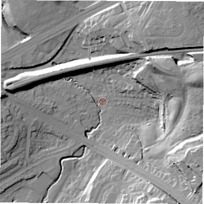 Shaded relief map of the ground around LS90EH, computed from Environment Agency LiDAR. The ground here sits at about 37 m above sea level and falls 37 m across the surrounding 800 m. Surface water reaching this point runs off ground lying to the east-north-east, 34.2 m higher.