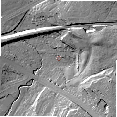 Shaded relief map of the ground around LS90EJ, computed from Environment Agency LiDAR. The ground here sits at about 38 m above sea level and falls 40 m across the surrounding 800 m. Surface water reaching this point runs off ground lying to the north-east, 5.7 m higher.