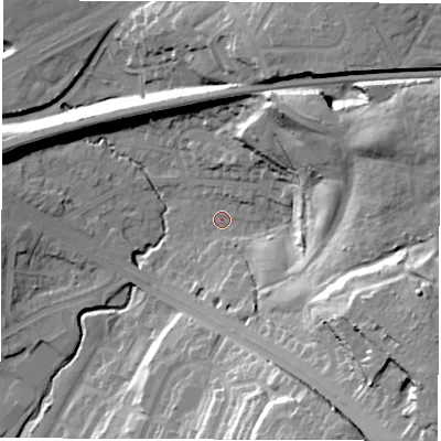 Shaded relief map of the ground around LS90EL, computed from Environment Agency LiDAR. The ground here sits at about 38 m above sea level and falls 40 m across the surrounding 800 m. Surface water reaching this point runs off ground lying to the south-east, 34.7 m higher.