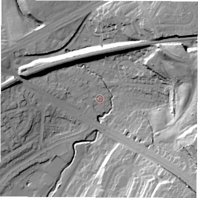 Shaded relief map of the ground around LS90EN, computed from Environment Agency LiDAR. The ground here sits at about 37 m above sea level and falls 37 m across the surrounding 800 m. Surface water reaching this point runs off ground lying to the south, 3.6 m higher.