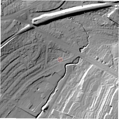 Shaded relief map of the ground around LS90ER, computed from Environment Agency LiDAR. The ground here sits at about 36 m above sea level and falls 39 m across the surrounding 800 m. Surface water reaching this point runs off ground lying to the north-east, 29.2 m higher.