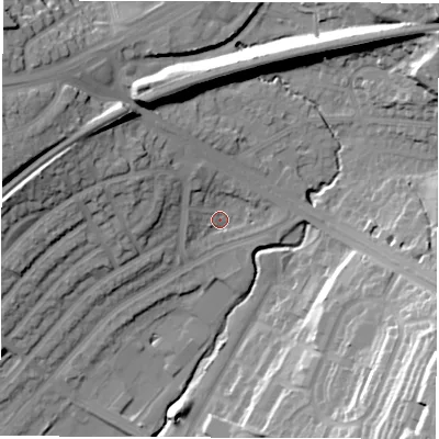 Shaded relief map of the ground around LS90ET, computed from Environment Agency LiDAR. The ground here sits at about 36 m above sea level and falls 38 m across the surrounding 800 m. Surface water reaching this point runs off ground lying to the west, 4.0 m higher.