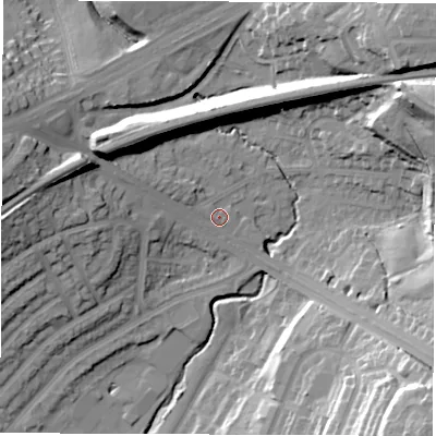 Shaded relief map of the ground around LS90EW, computed from Environment Agency LiDAR. The ground here sits at about 39 m above sea level and falls 38 m across the surrounding 800 m. Surface water reaching this point runs off ground lying to the west-north-west, 4.5 m higher.