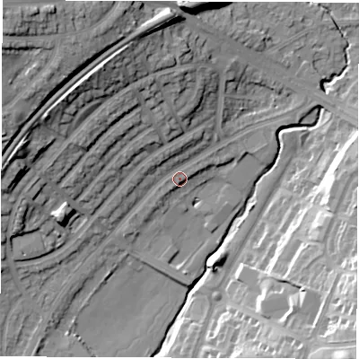 Shaded relief map of the ground around LS90HB, computed from Environment Agency LiDAR. The ground here sits at about 36 m above sea level and falls 33 m across the surrounding 800 m. Surface water reaching this point runs off ground lying to the north, 3.6 m higher.