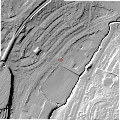 Shaded relief map of the ground around LS90HD, computed from Environment Agency LiDAR. The ground here sits at about 34 m above sea level and falls 31 m across the surrounding 800 m. Surface water reaching this point runs off ground lying to the north-east, 2.9 m higher.