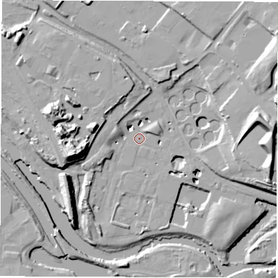 Shaded relief map of the ground around LS90PJ, computed from Environment Agency LiDAR. The ground here sits at about 23 m above sea level and falls 23 m across the surrounding 800 m. Surface water reaching this point runs off ground lying to the east, 22.3 m higher.