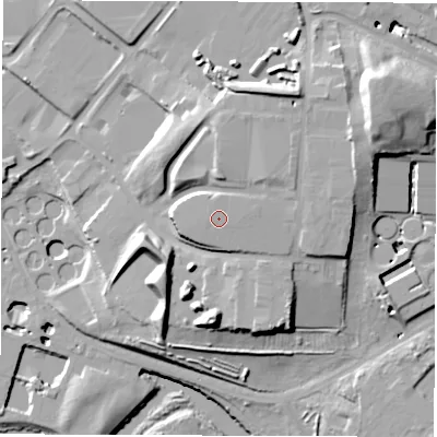 Shaded relief map of the ground around LS90SW, computed from Environment Agency LiDAR. The ground here sits at about 39 m above sea level and falls 28 m across the surrounding 800 m. The ground contributing surface water to this point lies to the north-east.