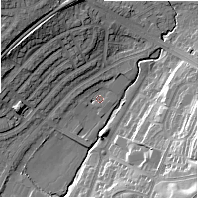 Shaded relief map of the ground around LS90TT, computed from Environment Agency LiDAR. The ground here sits at about 34 m above sea level and falls 36 m across the surrounding 800 m. Surface water reaching this point runs off ground lying to the north-north-west, 4.8 m higher.