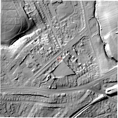 Shaded relief map of the ground around LS96NN, computed from Environment Agency LiDAR. The ground here sits at about 58 m above sea level and falls 35 m across the surrounding 800 m. Surface water reaching this point runs off ground lying to the south-south-west, 12.5 m higher.