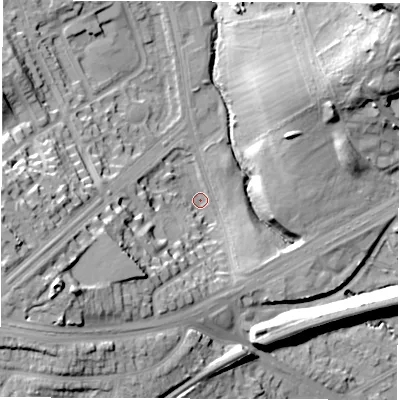 Shaded relief map of the ground around LS96NR, computed from Environment Agency LiDAR. The ground here sits at about 40 m above sea level and falls 33 m across the surrounding 800 m. Surface water reaching this point runs off ground lying to the south-west, 26.3 m higher.