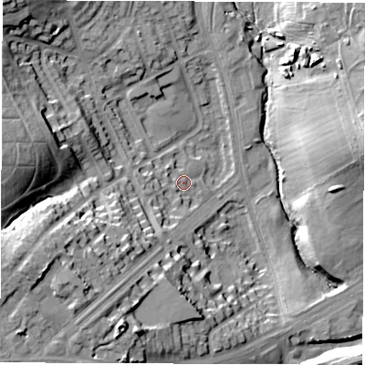 Shaded relief map of the ground around LS96NZ, computed from Environment Agency LiDAR. The ground here sits at about 44 m above sea level and falls 33 m across the surrounding 800 m. Surface water reaching this point runs off ground lying to the south-west, 23.3 m higher.