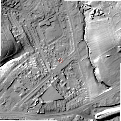 Shaded relief map of the ground around LS96PA, computed from Environment Agency LiDAR. The ground here sits at about 44 m above sea level and falls 33 m across the surrounding 800 m. Surface water reaching this point runs off ground lying to the south-west, 24.5 m higher.