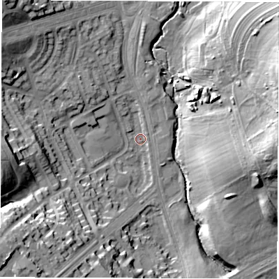 Shaded relief map of the ground around LS96PB, computed from Environment Agency LiDAR. The ground here sits at about 42 m above sea level and falls 33 m across the surrounding 800 m. Surface water reaching this point runs off ground lying to the south-west, 28.2 m higher.