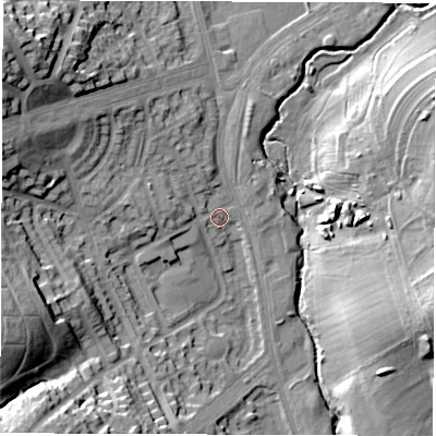 Shaded relief map of the ground around LS96PD, computed from Environment Agency LiDAR. The ground here sits at about 44 m above sea level and falls 31 m across the surrounding 800 m. Surface water reaching this point runs off ground lying to the north-west, 10.6 m higher.