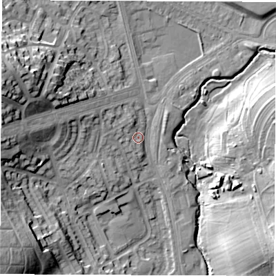 Shaded relief map of the ground around LS96PE, computed from Environment Agency LiDAR. The ground here sits at about 46 m above sea level and falls 31 m across the surrounding 800 m. Surface water reaching this point runs off ground lying to the west-north-west, 4.5 m higher.