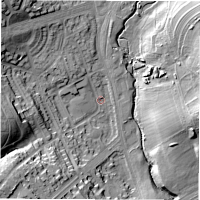 Shaded relief map of the ground around LS96PH, computed from Environment Agency LiDAR. The ground here sits at about 42 m above sea level and falls 33 m across the surrounding 800 m. Surface water reaching this point runs off ground lying to the west-north-west, 4.5 m higher.