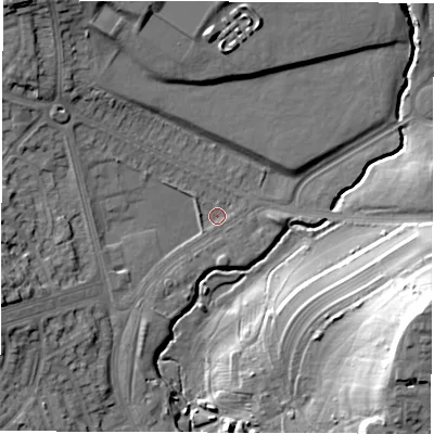 Shaded relief map of the ground around LS96PL, computed from Environment Agency LiDAR. The ground here sits at about 44 m above sea level and falls 38 m across the surrounding 800 m. Surface water reaching this point runs off ground lying to the east-south-east, 32.0 m higher.