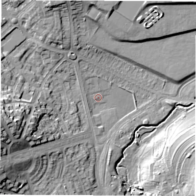 Shaded relief map of the ground around LS96QY, computed from Environment Agency LiDAR. The ground here sits at about 45 m above sea level and falls 26 m across the surrounding 800 m. Surface water reaching this point runs off ground lying to the west-south-west, 22.2 m higher.