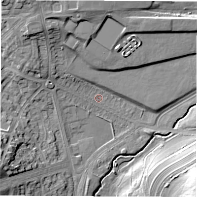 Shaded relief map of the ground around LS96RE, computed from Environment Agency LiDAR. The ground here sits at about 46 m above sea level and falls 27 m across the surrounding 800 m. Surface water reaching this point runs off ground lying to the north-west, 6.4 m higher.