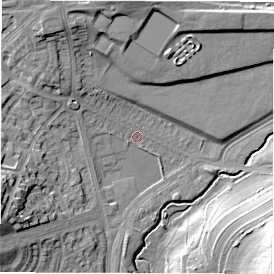 Shaded relief map of the ground around LS96RF, computed from Environment Agency LiDAR. The ground here sits at about 45 m above sea level and falls 27 m across the surrounding 800 m. Surface water reaching this point runs off ground lying to the north-west, 6.5 m higher.