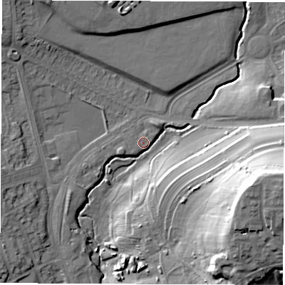 Shaded relief map of the ground around LS96RG, computed from Environment Agency LiDAR. The ground here sits at about 45 m above sea level and falls 38 m across the surrounding 800 m. Surface water reaching this point runs off ground lying to the east-south-east, 35.1 m higher.