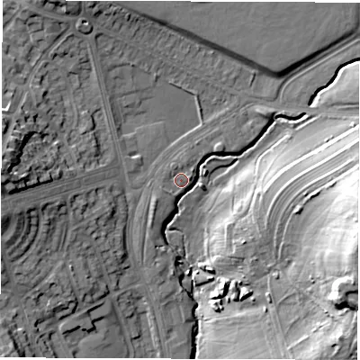 Shaded relief map of the ground around LS96RH, computed from Environment Agency LiDAR. The ground here sits at about 45 m above sea level and falls 34 m across the surrounding 800 m. Surface water reaching this point runs off ground lying to the north-north-east, 1.2 m higher.