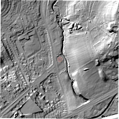 Shaded relief map of the ground around LS96RN, computed from Environment Agency LiDAR. The ground here sits at about 41 m above sea level and falls 38 m across the surrounding 800 m. Surface water reaching this point runs off ground lying to the west-south-west, 27.1 m higher.
