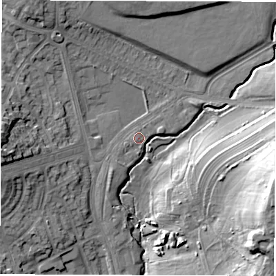 Shaded relief map of the ground around LS96RQ, computed from Environment Agency LiDAR. The ground here sits at about 45 m above sea level and falls 36 m across the surrounding 800 m. Surface water reaching this point runs off ground lying to the south-west, 0.7 m higher.