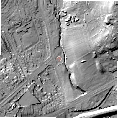 Shaded relief map of the ground around LS96RW, computed from Environment Agency LiDAR. The ground here sits at about 41 m above sea level and falls 39 m across the surrounding 800 m. Surface water reaching this point runs off ground lying to the west-south-west, 30.8 m higher.