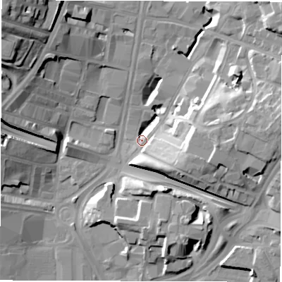 Shaded relief map of the ground around LS97DB, computed from Environment Agency LiDAR. The ground here sits at about 30 m above sea level and falls 27 m across the surrounding 800 m. Surface water reaching this point runs off ground lying to the north-west, 27.2 m higher.