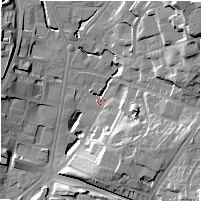 Shaded relief map of the ground around LS97DR, computed from Environment Agency LiDAR. The ground here sits at about 31 m above sea level and falls 33 m across the surrounding 800 m. Surface water reaching this point runs off ground lying to the north-east, 29.3 m higher.