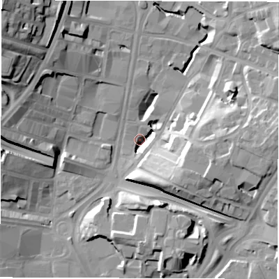 Shaded relief map of the ground around LS97DS, computed from Environment Agency LiDAR. The ground here sits at about 28 m above sea level and falls 29 m across the surrounding 800 m. Surface water reaching this point runs off ground lying to the north-west, 29.3 m higher.