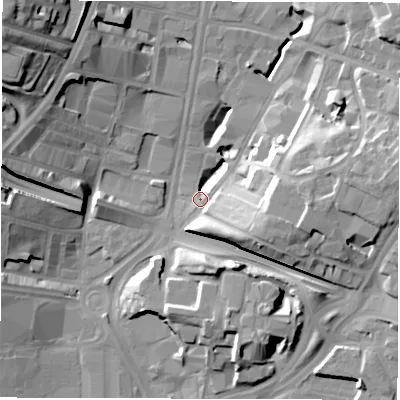 Shaded relief map of the ground around LS97DT, computed from Environment Agency LiDAR. The ground here sits at about 30 m above sea level and falls 27 m across the surrounding 800 m. Surface water reaching this point runs off ground lying to the north-west, 27.2 m higher.