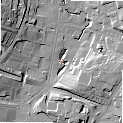 Shaded relief map of the ground around LS97DU, computed from Environment Agency LiDAR. The ground here sits at about 30 m above sea level and falls 28 m across the surrounding 800 m. Surface water reaching this point runs off ground lying to the west-south-west, 8.3 m higher.