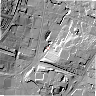 Shaded relief map of the ground around LS97DY, computed from Environment Agency LiDAR. The ground here sits at about 28 m above sea level and falls 27 m across the surrounding 800 m. Surface water reaching this point runs off ground lying to the north-west, 26.8 m higher.