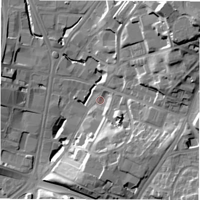 Shaded relief map of the ground around LS97DZ, computed from Environment Agency LiDAR. The ground here sits at about 31 m above sea level and falls 33 m across the surrounding 800 m. Surface water reaching this point runs off ground lying to the north-east, 31.2 m higher.