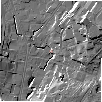 Shaded relief map of the ground around LS97NB, computed from Environment Agency LiDAR. The ground here sits at about 31 m above sea level and falls 33 m across the surrounding 800 m. Surface water reaching this point runs off ground lying to the east-north-east, 31.0 m higher.