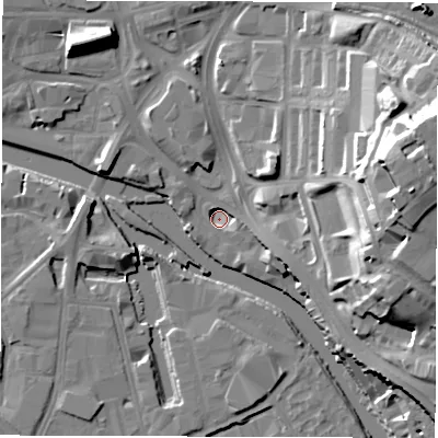Shaded relief map of the ground around LS98AF, computed from Environment Agency LiDAR. The ground here sits at about 23 m above sea level and falls 35 m across the surrounding 800 m. Surface water reaching this point runs off ground lying to the east-north-east, 34.6 m higher.
