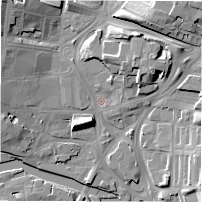 Shaded relief map of the ground around LS98AG, computed from Environment Agency LiDAR. The ground here sits at about 28 m above sea level and falls 22 m across the surrounding 800 m. Surface water reaching this point runs off ground lying to the north-east, 12.6 m higher.