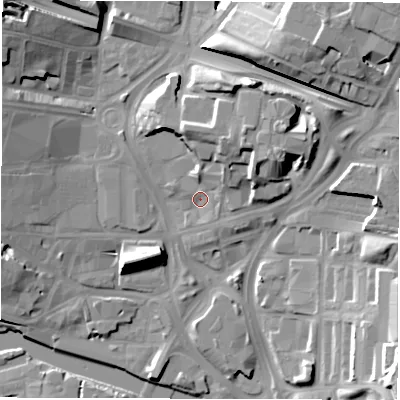 Shaded relief map of the ground around LS98AH, computed from Environment Agency LiDAR. The ground here sits at about 29 m above sea level and falls 25 m across the surrounding 800 m. Surface water reaching this point runs off ground lying to the north-east, 10.7 m higher.