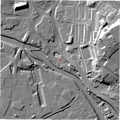 Shaded relief map of the ground around LS98AN, computed from Environment Agency LiDAR. The ground here sits at about 25 m above sea level and falls 35 m across the surrounding 800 m. Surface water reaching this point runs off ground lying to the east-north-east, 33.8 m higher.